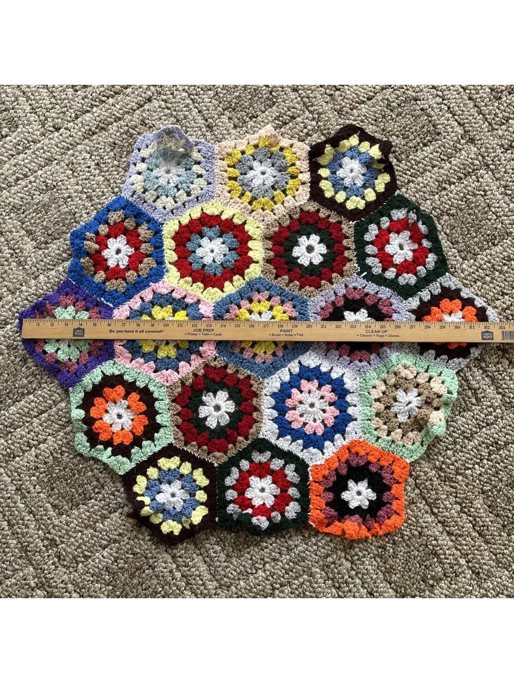 Vintage Round Crochet Afghan Blanket Hexagon Granny Multicolor Handmade Boho